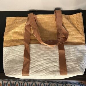 Mud Pie Tan and White Jute Tote Bag
